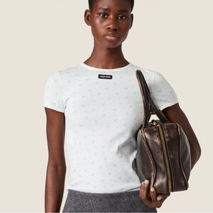 NWT Miu Miu Ribbed Jersey Tee with Aqua Floral Motif sz. L